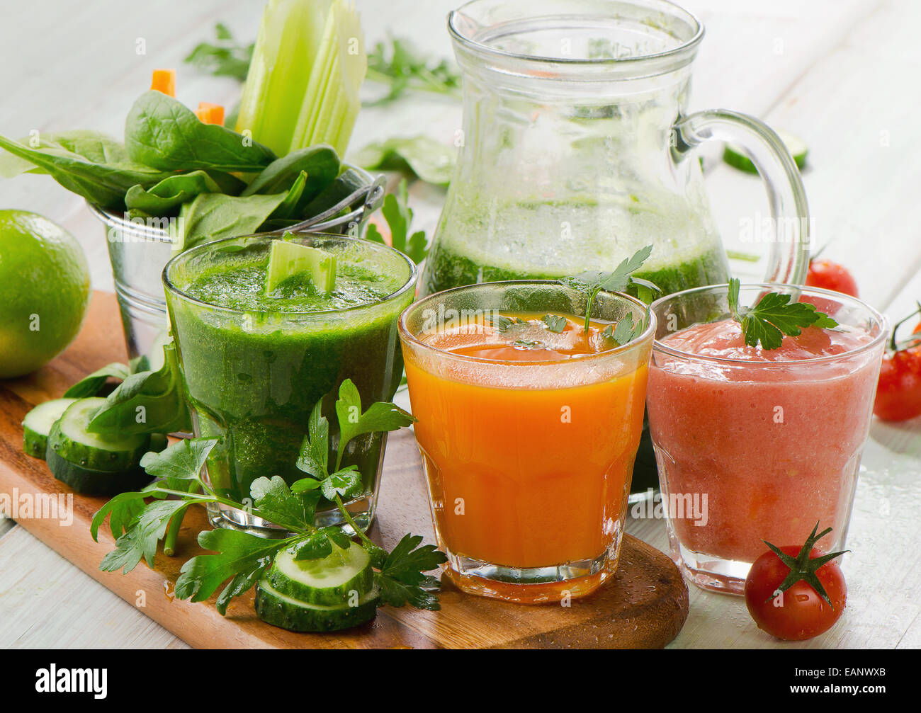 Healthy vegetable smoothie and juice.  Selective focus Stock Photo