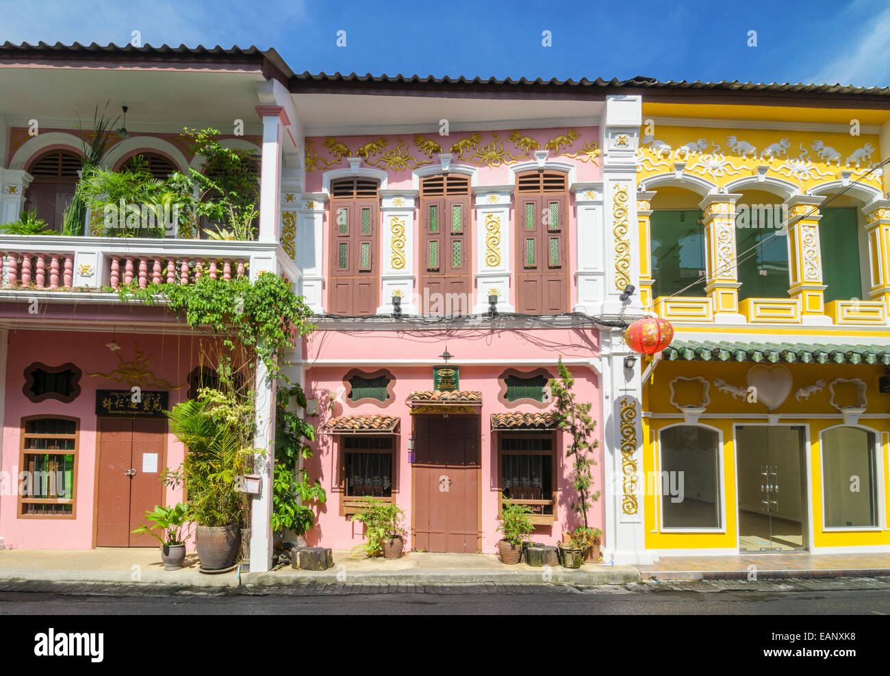 Renovated heritage architecture of Soi Rommanee in Phuket Old Town, Phuket Island, Thailand Stock Photo