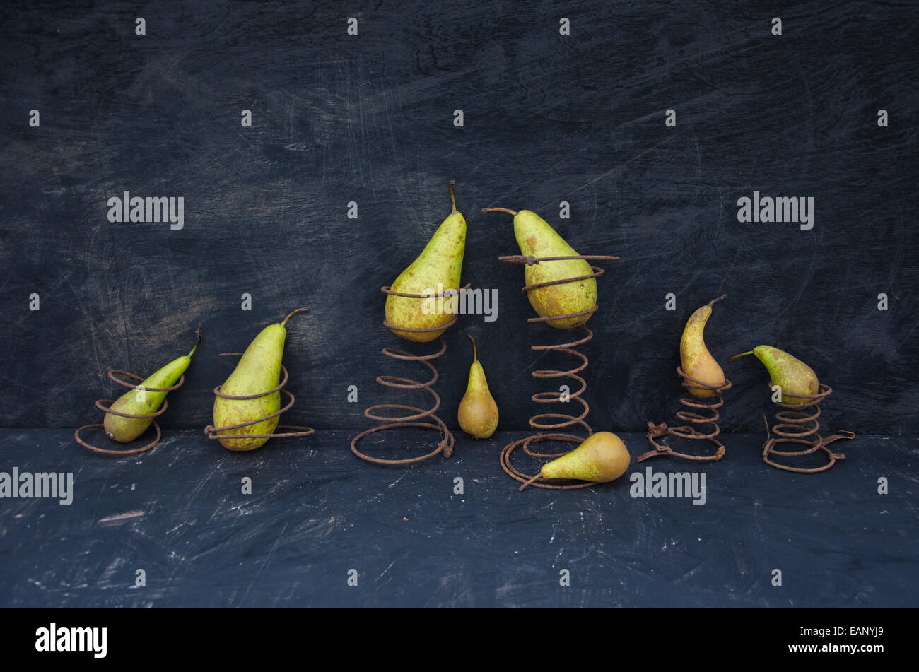 still-life with pears fruits and old rusty metal springs Stock Photo