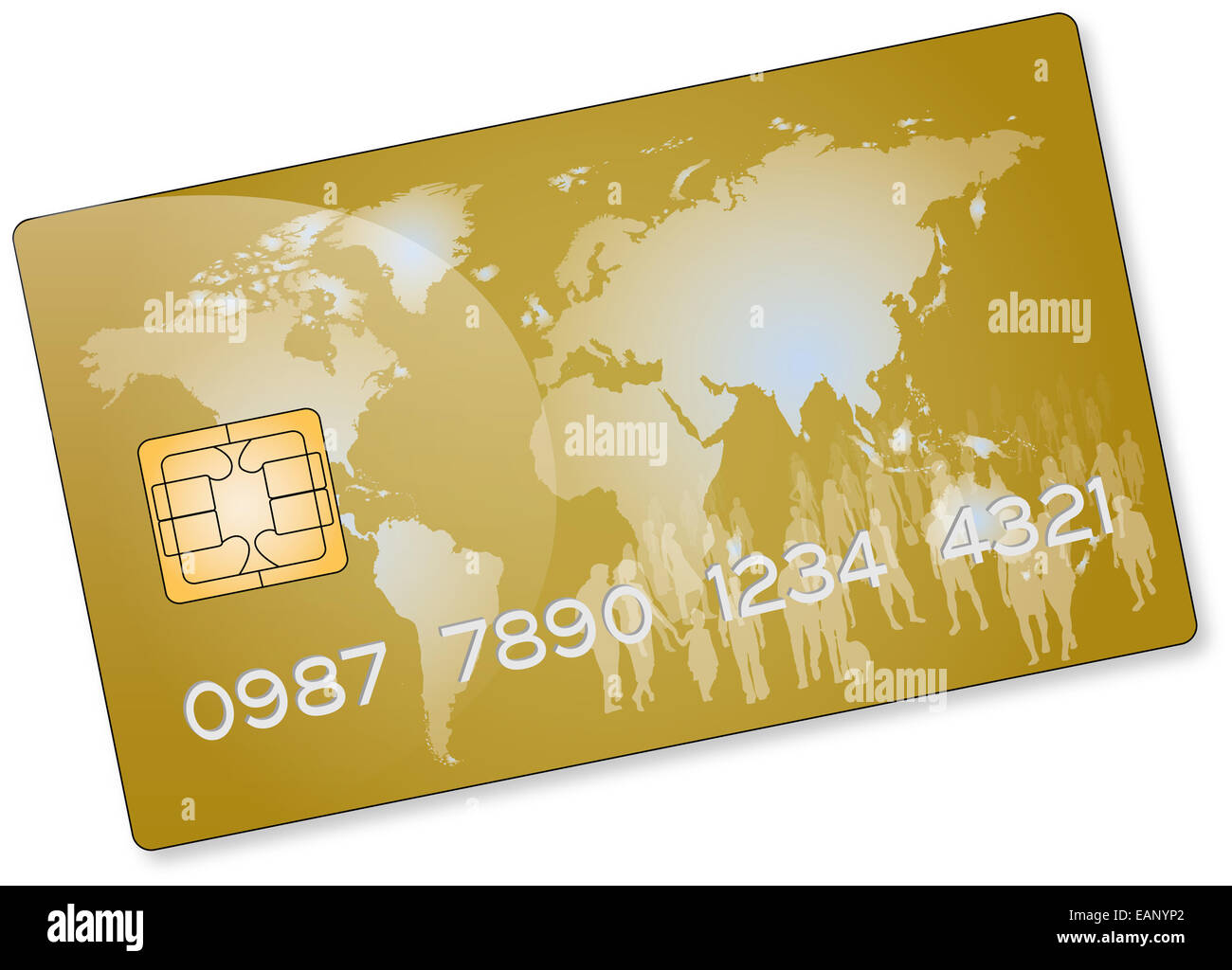 drawing of a credit card gold with a crowd of people on a world map Stock Photo