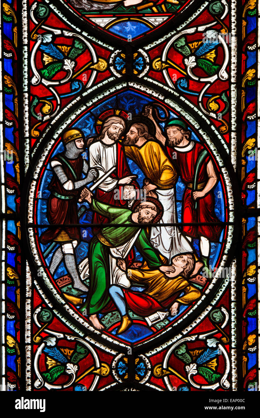 The Kiss of Judas stained glass, East Window, Worcester Cathedral, UK Stock Photo