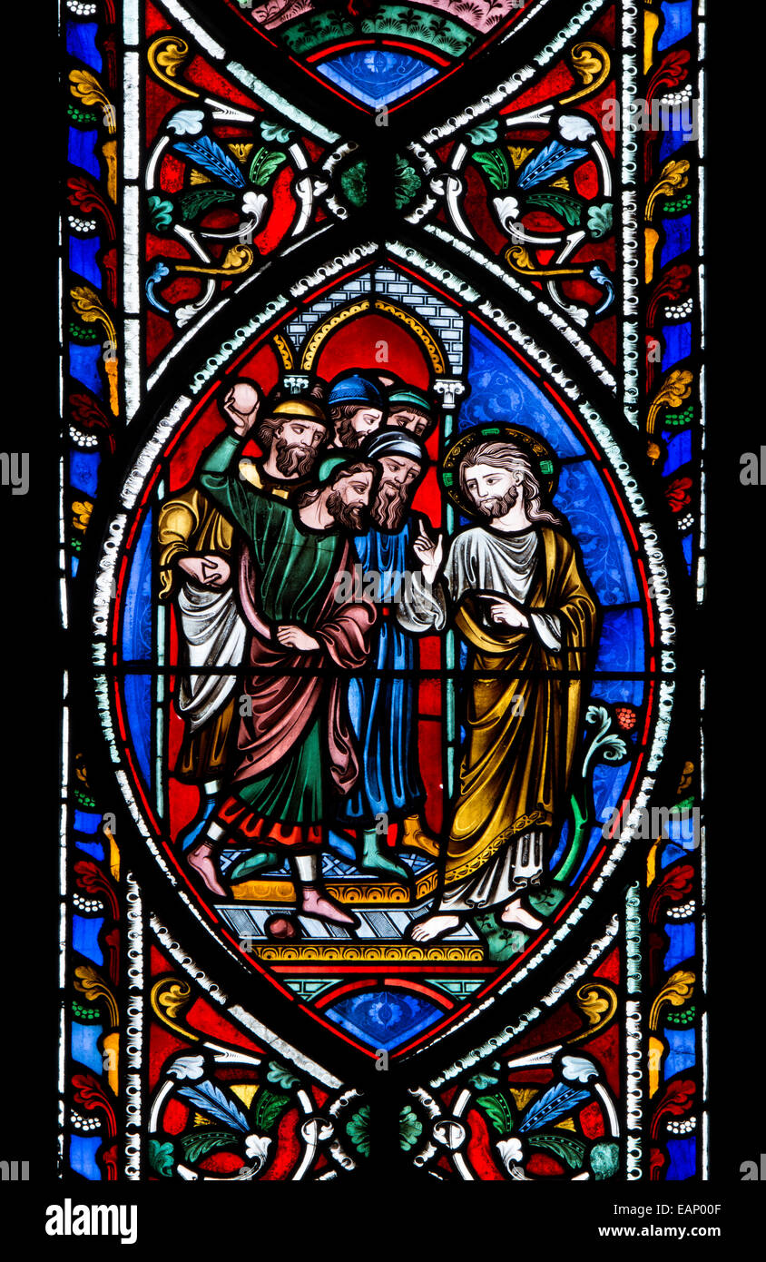 He that is without sin stained glass, East Window, Worcester Cathedral, UK Stock Photo