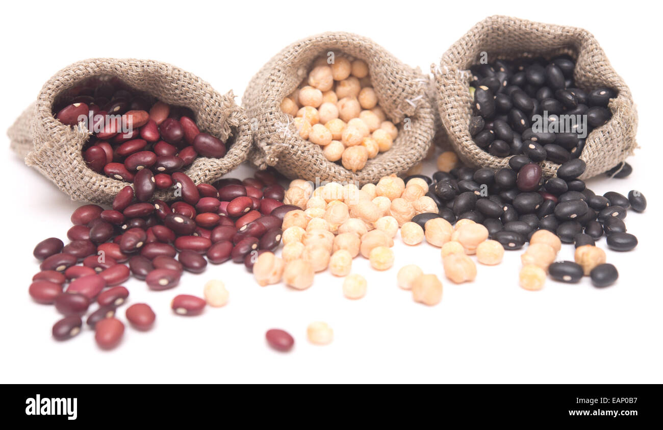 yellow peas and kidney beans in a sack on white background Stock Photo