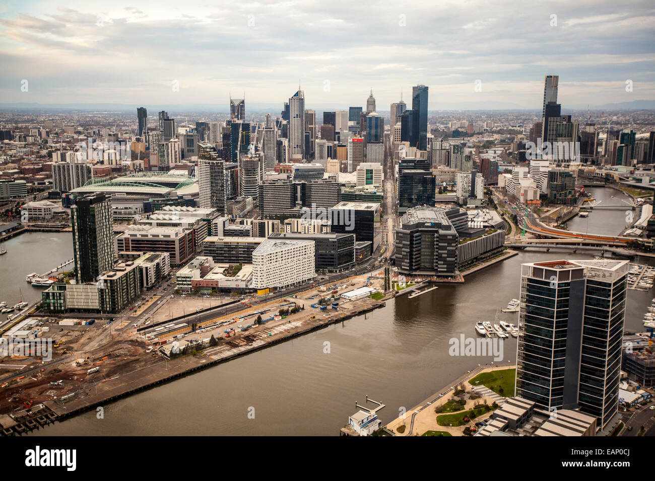 Aerial view of the Docklands Melbourne shot from the south west at low levels. Stock Photo