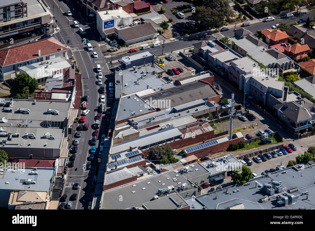 Close up aerial view of Upper Heidelberg Road in Ivanhoe, Victoria