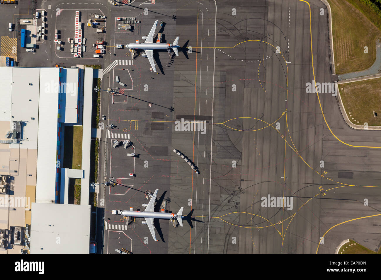 Aerial view of Gold Coast Airport (OOL) with Jetstar aircraft in view. Stock Photo