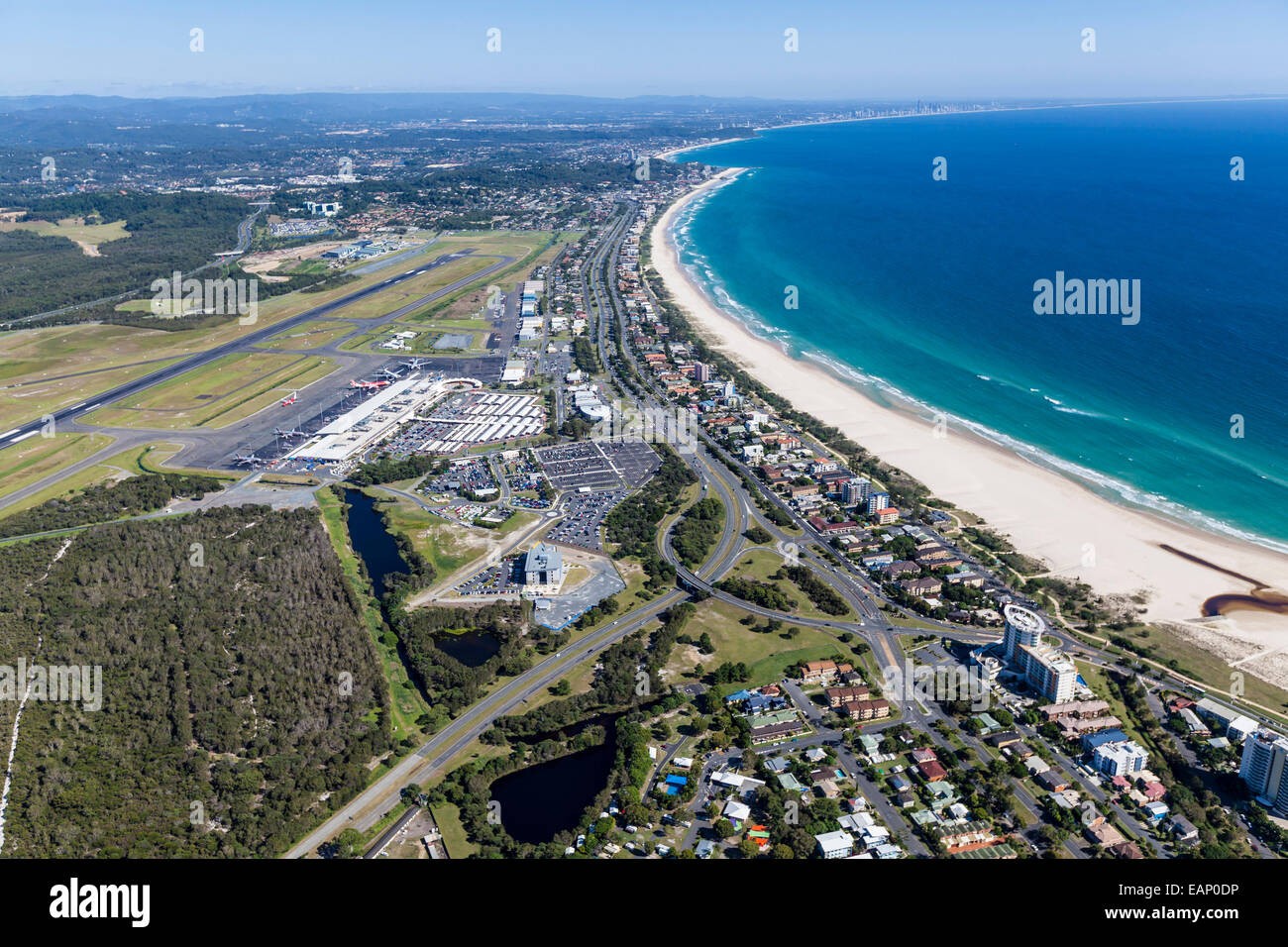 Aerial view of from Gold Coast Airport (OOL) looking north towards Mermaid Beach. Stock Photo
