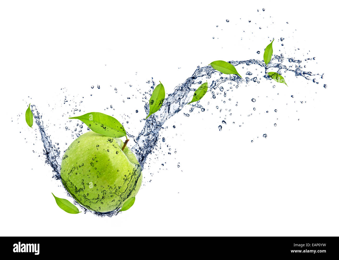 Green apple in water splash, isolated on white background Stock Photo