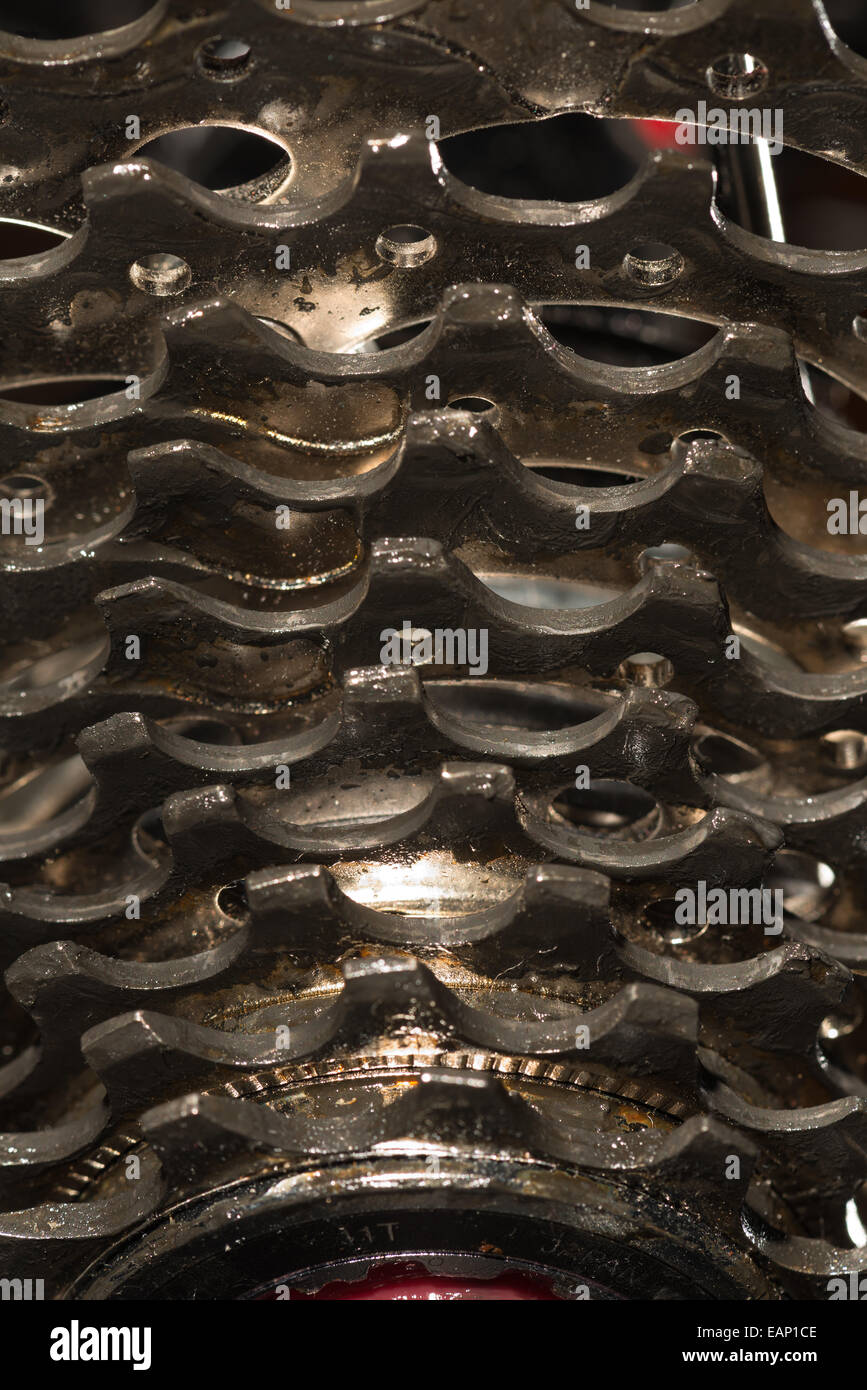 shiny metal bike gears new teeth showing slight hardly any wear and tear Stock Photo