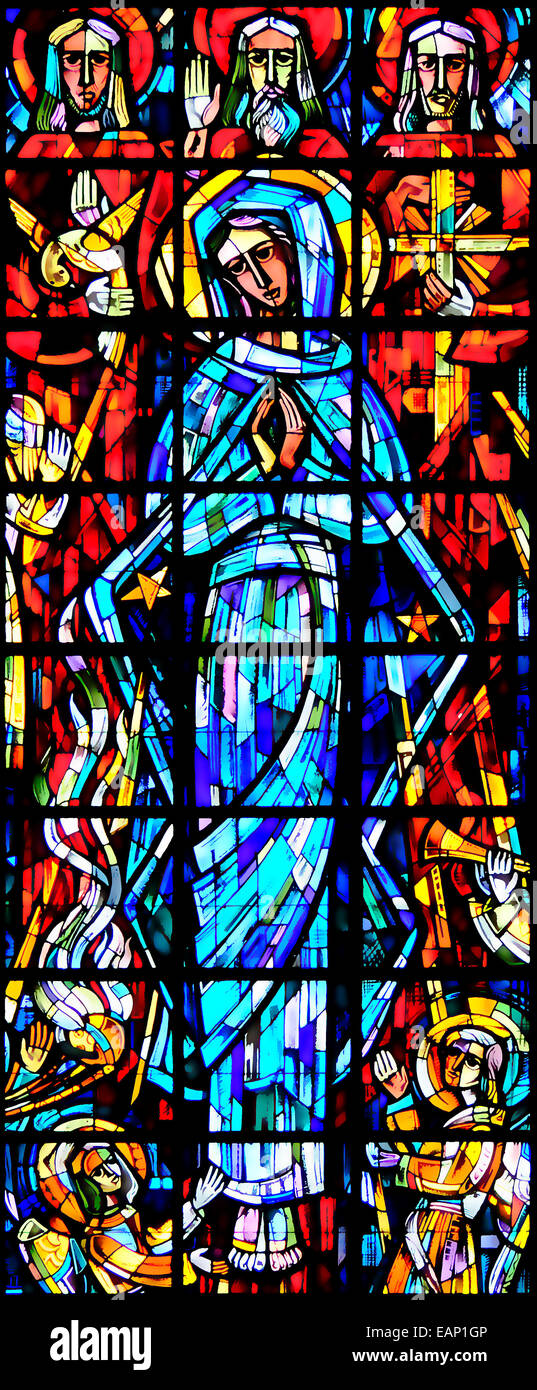 Brussels, Belgium. St Nicholas Church / Eglise Saint Nicholas. Modern stained glass window - digitally changed Stock Photo