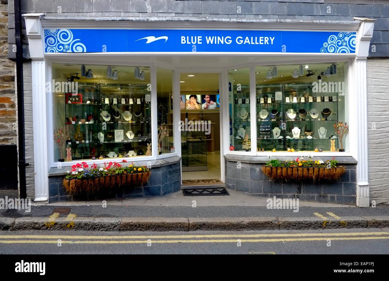 The Blue Wing Gallery. Jewelery shop window. Padstow Cornwall England