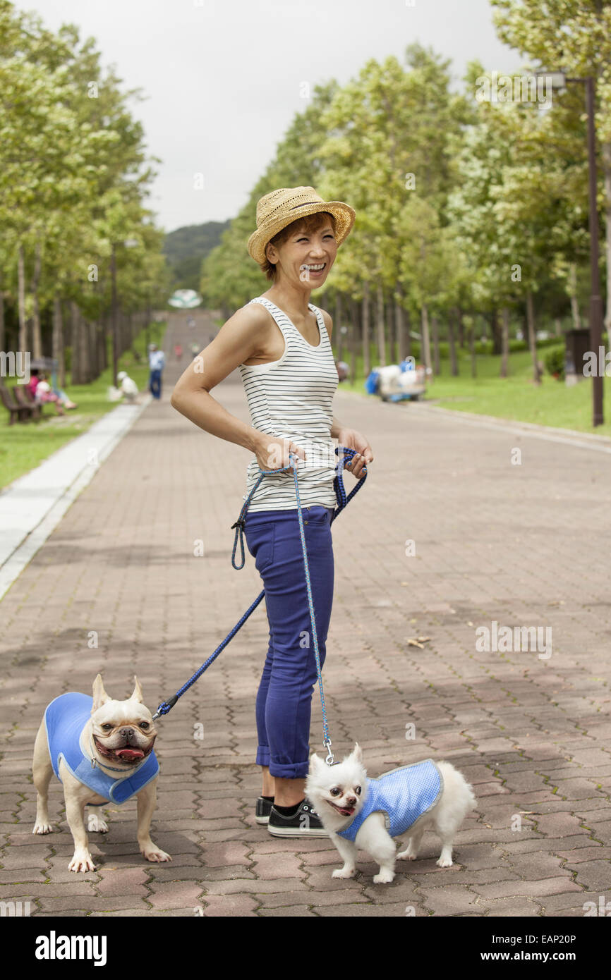 Woman walking two dogs on a paved path. Stock Photo