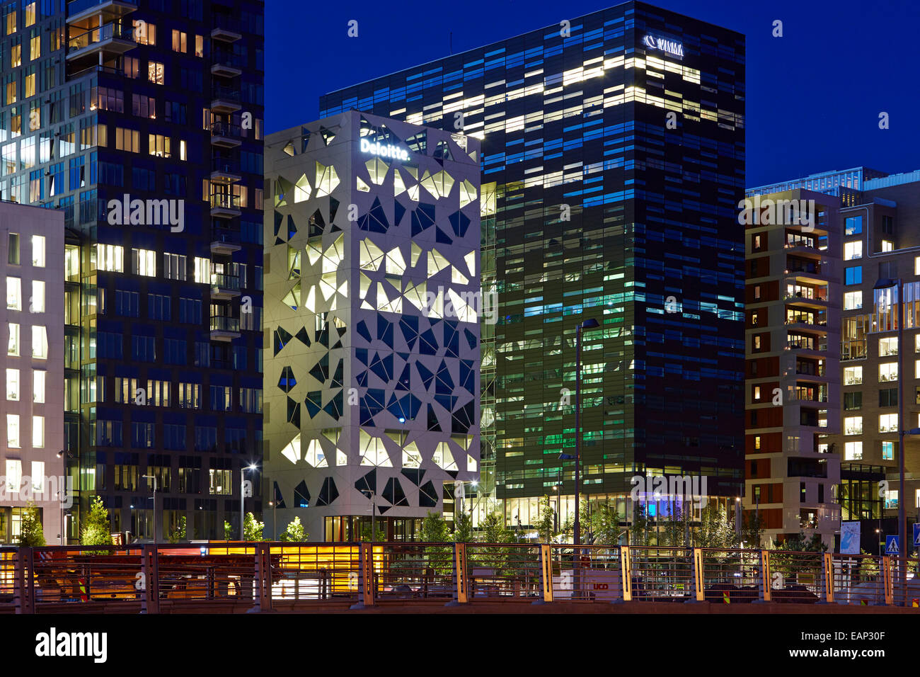 Oslo 'Bar code' buildings illuminated at night Stock Photo