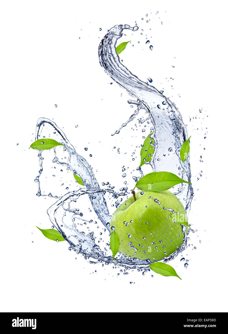 Green apple in water splash, isolated on white background Stock Photo