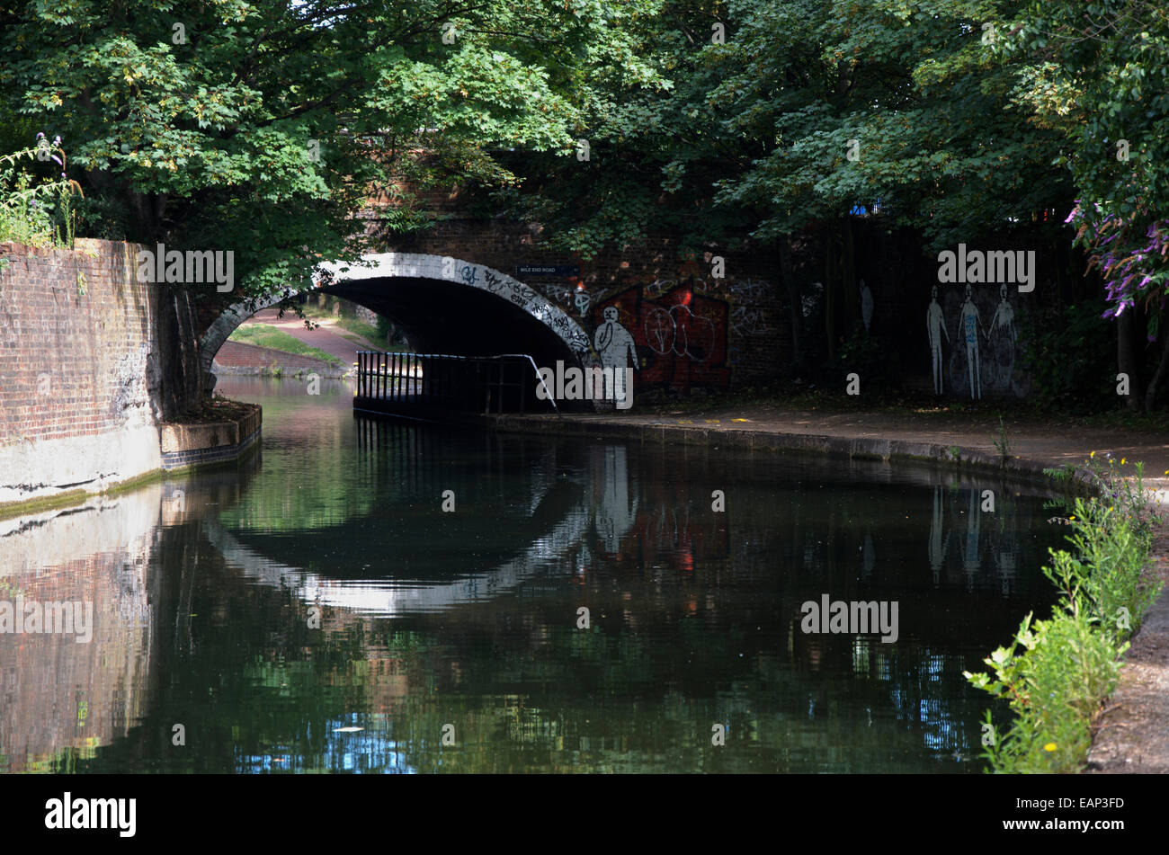 Figures and graffiti at Mile End bridge on the Regents Canal, East London Stock Photo