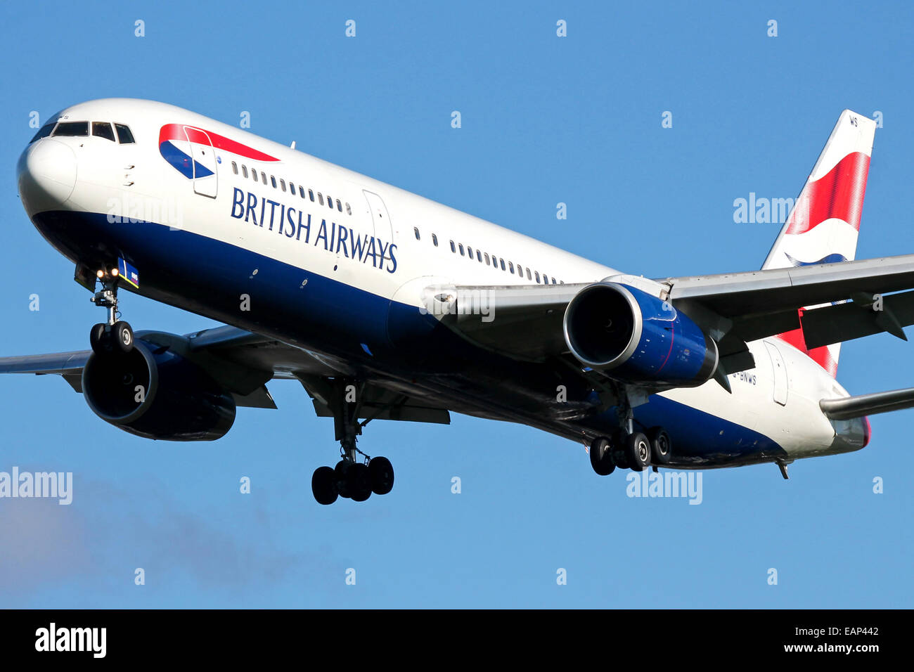 British Airways Boeing 767-300 approaches runway 27L at London Heathrow Airport. Stock Photo