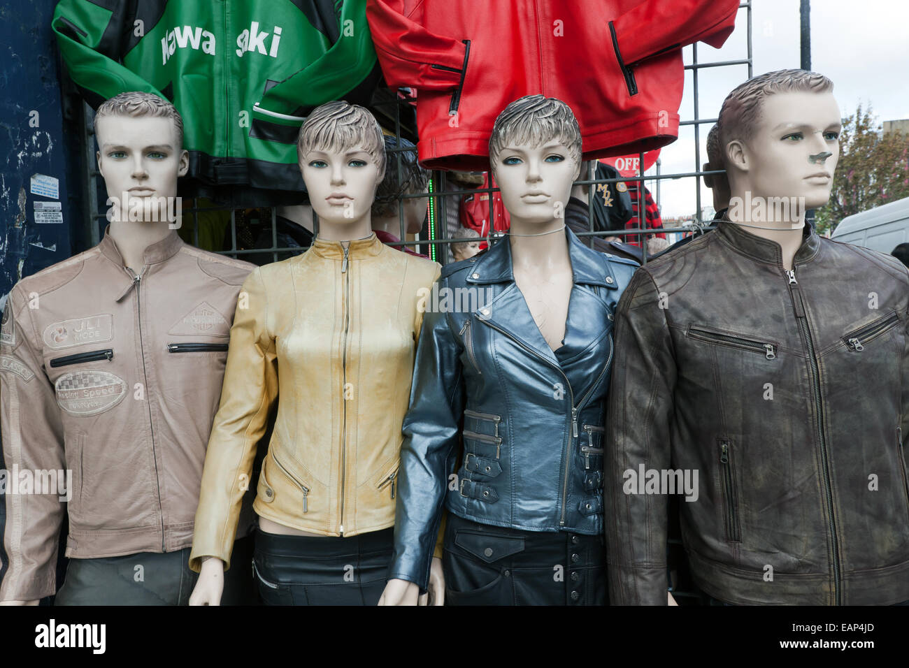 Dummies displaying jackets on  a stall in Camden Market, London Stock Photo