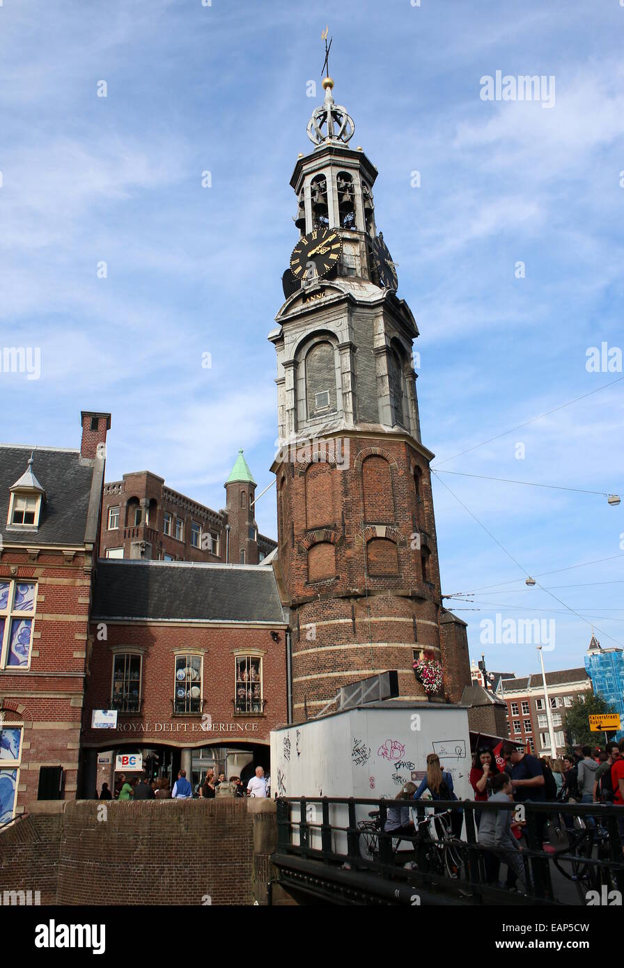 17th century Munttoren 'Mint Tower' in  Amsterdam, the Netherlands at Muntplein square Stock Photo
