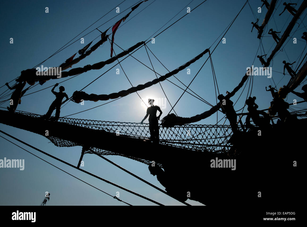 Indonesian navy cadets perform parade roll before the last sail of Dewaruci tall ship in 2012. Stock Photo