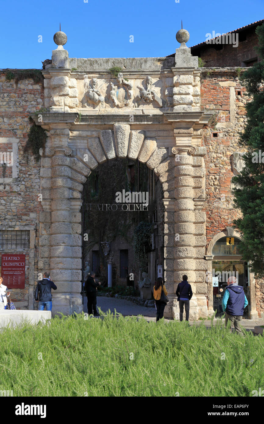 Tourists at the entrance to the Olympic Theatre, Teatro Olimpico in Vicenza, Italy, Veneto. Stock Photo