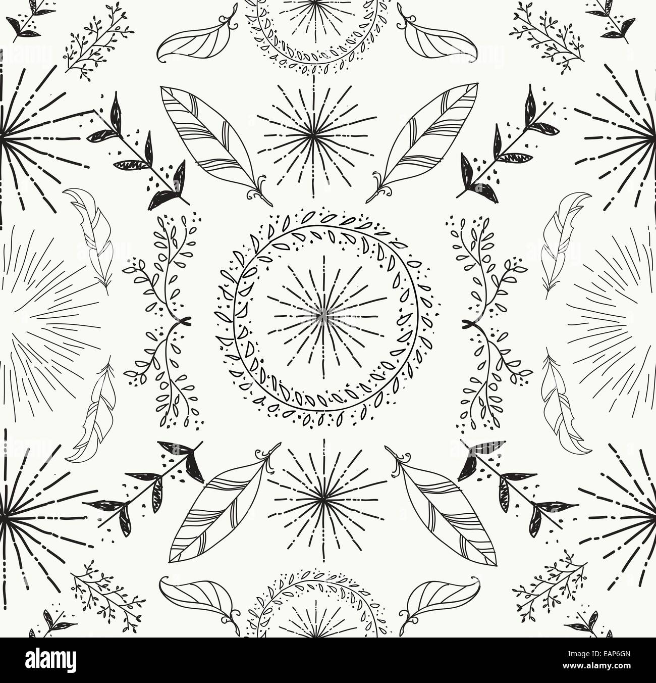 Abstract feather and floral doodle seamless pattern hand drawn texture ...