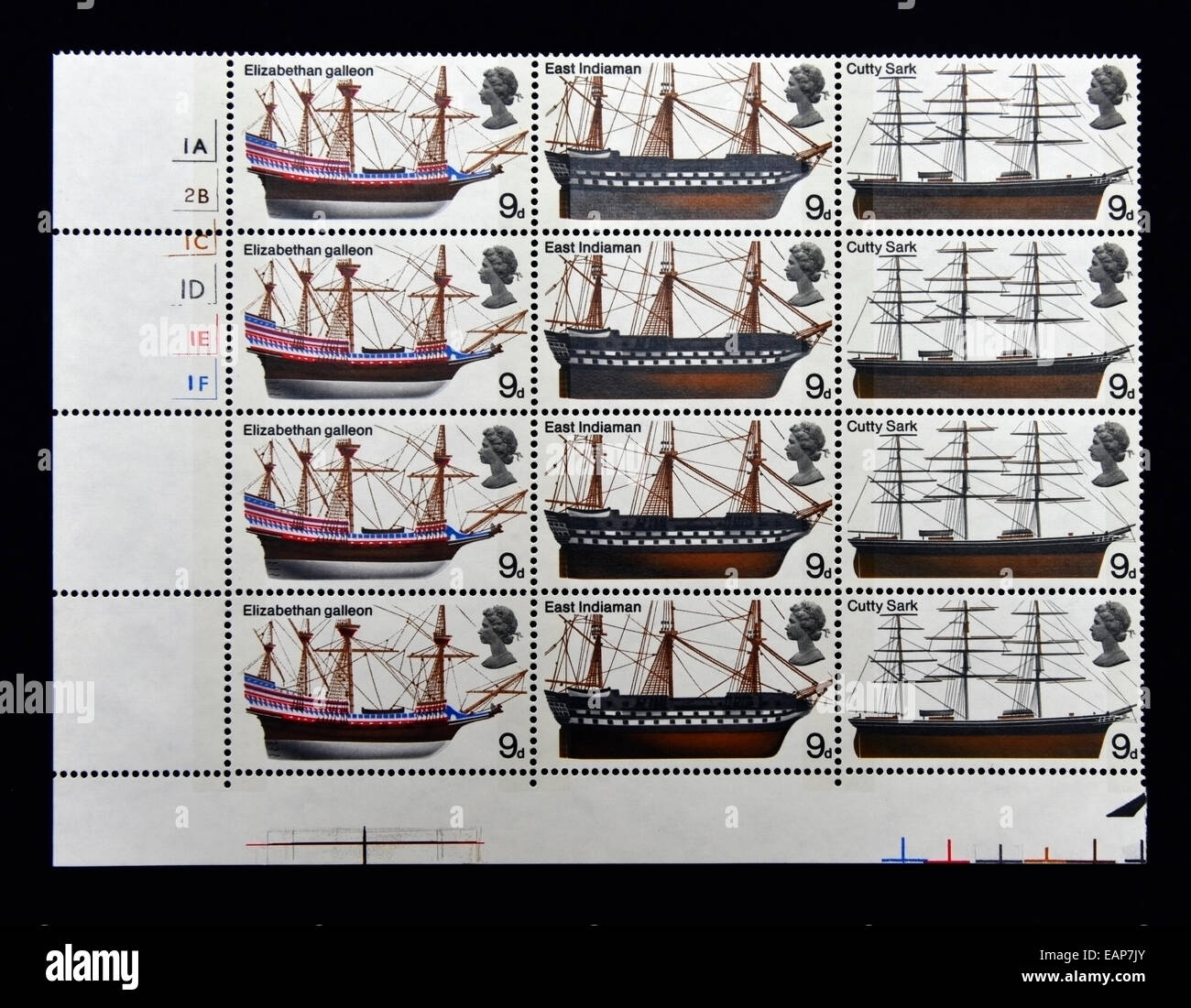 Postage stamps. Great Britain. Queen Elizabeth II. British Ships. 1969. Corner Cylinder block of twelve. 9d. Stock Photo