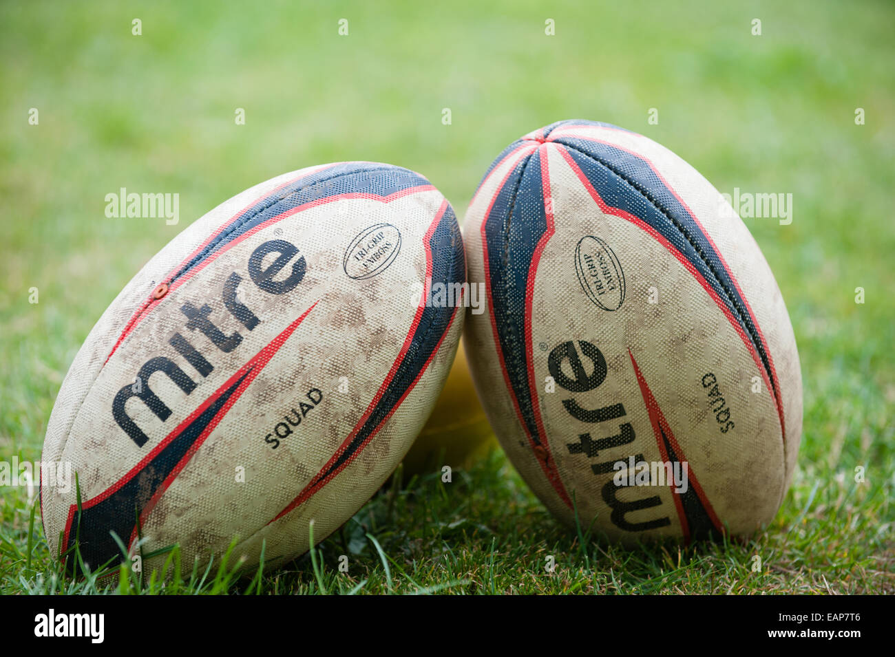 Two dirty rugby balls in the grass waiting for a school rugby coaching course Stock Photo