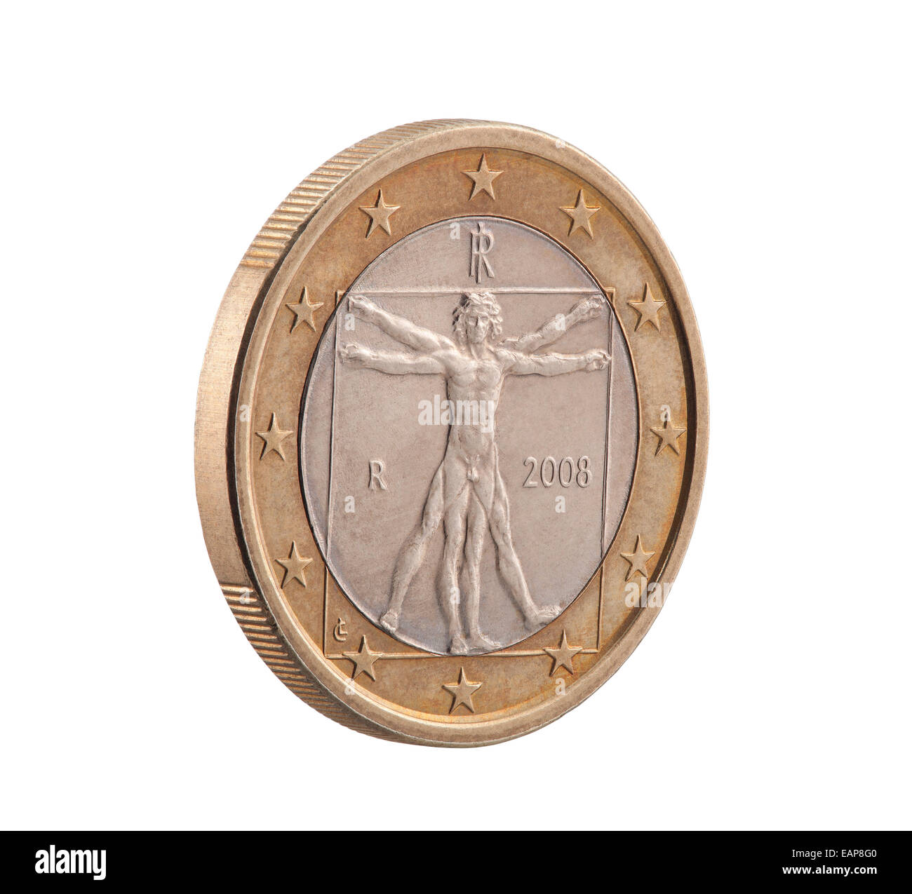 Italian One Euro with Vitruvian Man. Clipping path included. Stock Photo