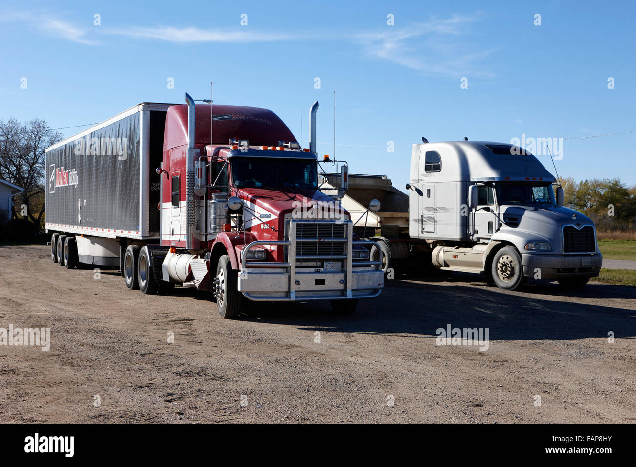 semi trucks in a roadside rest stop rural Saskatchewan Canada Stock Photo