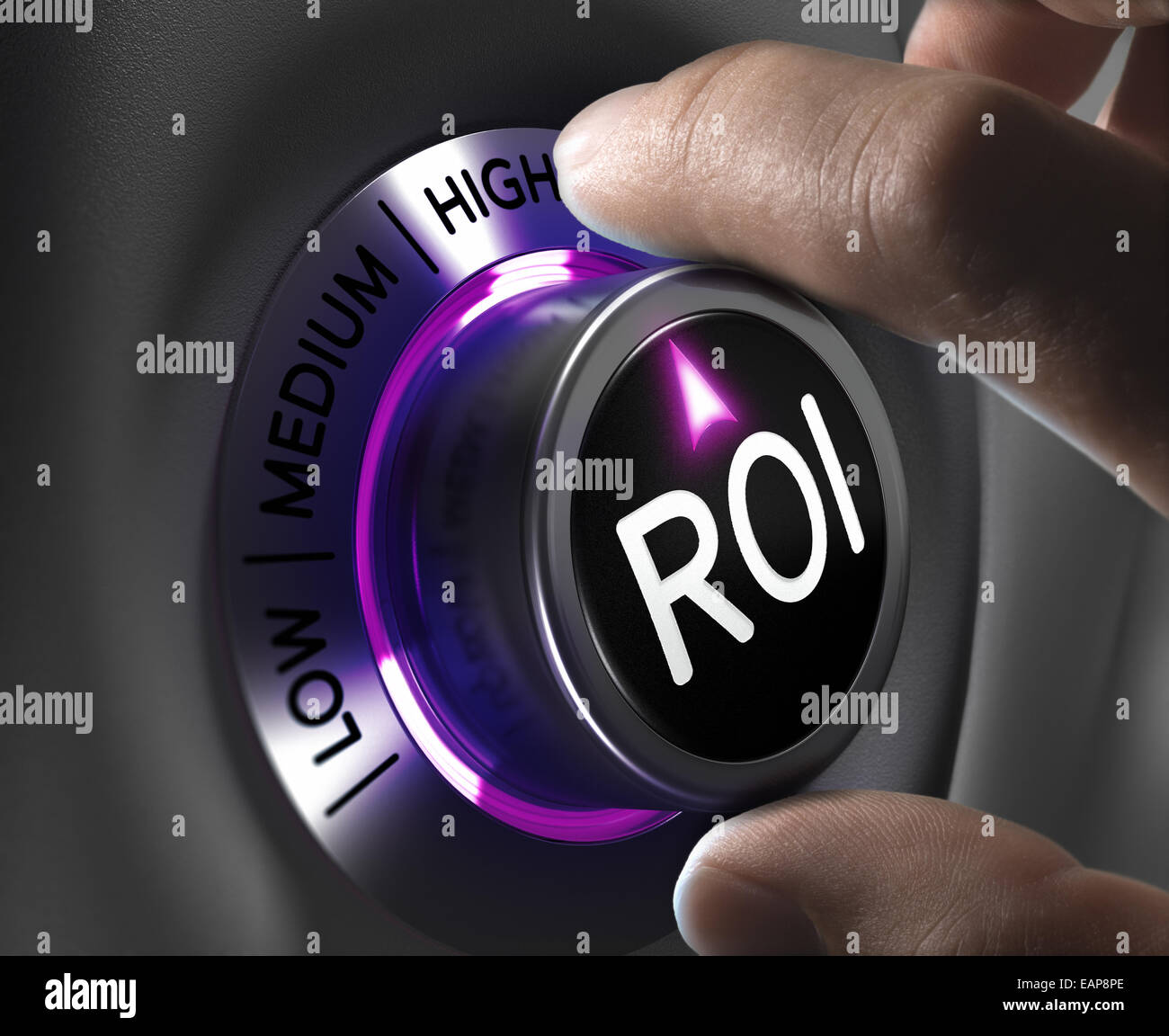 Return on Investment, ROI Concept, two fingers turning button in the highest position. Conceptual image Stock Photo
