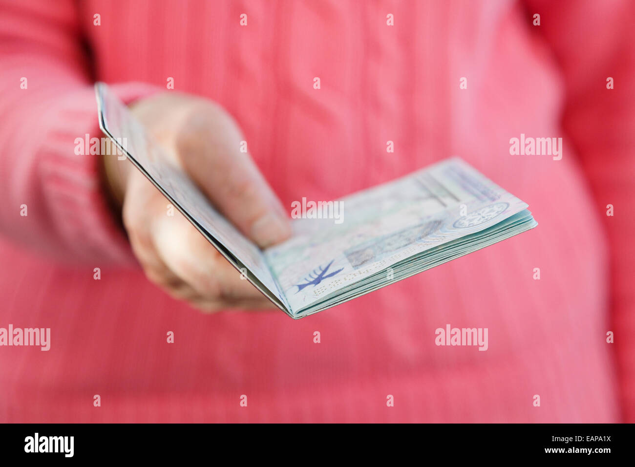 A right-handed older woman presenting an open British passport for checking at passport control when travelling abroad. England UK Britain Stock Photo