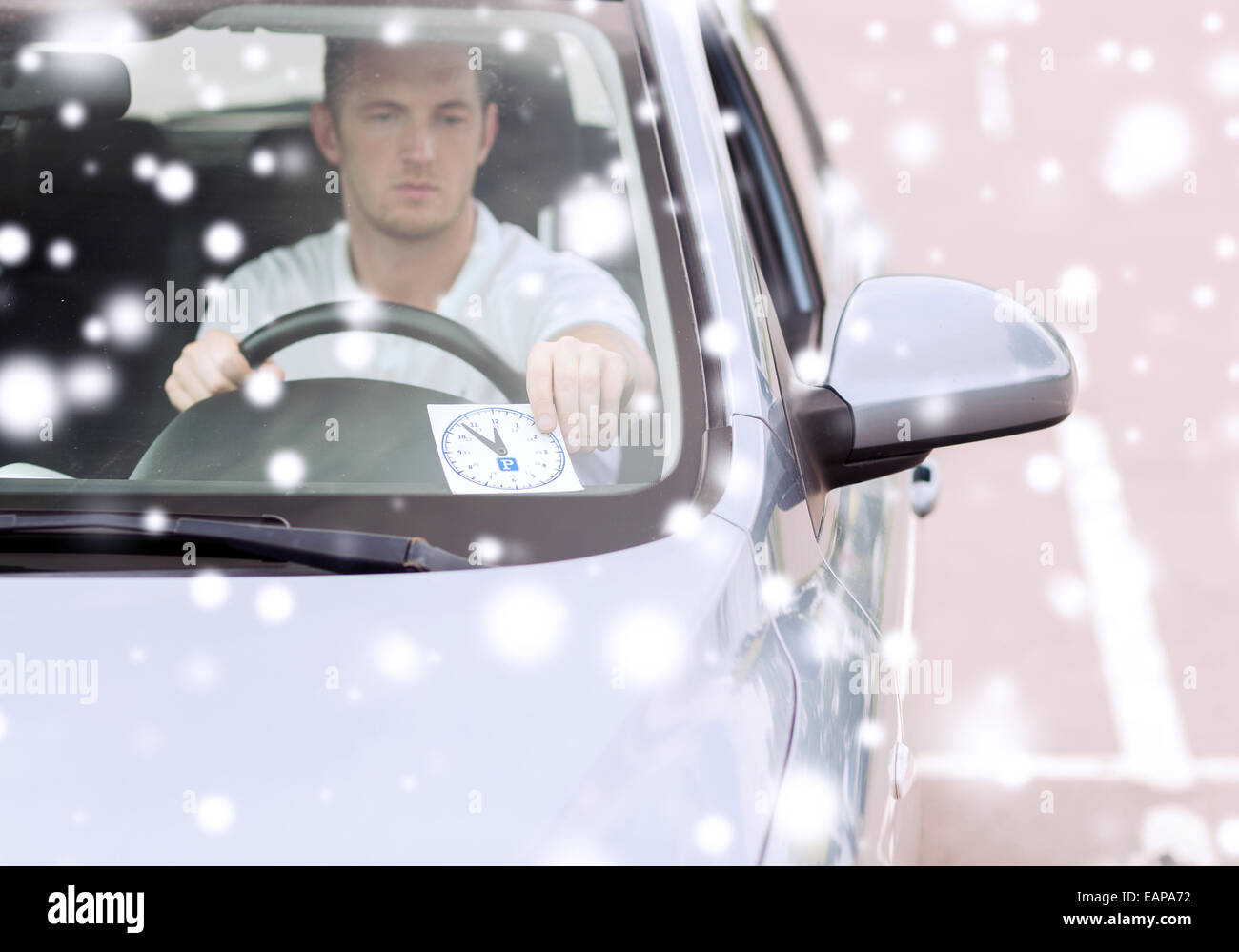 man driving car and putting parking clock Stock Photo Alamy