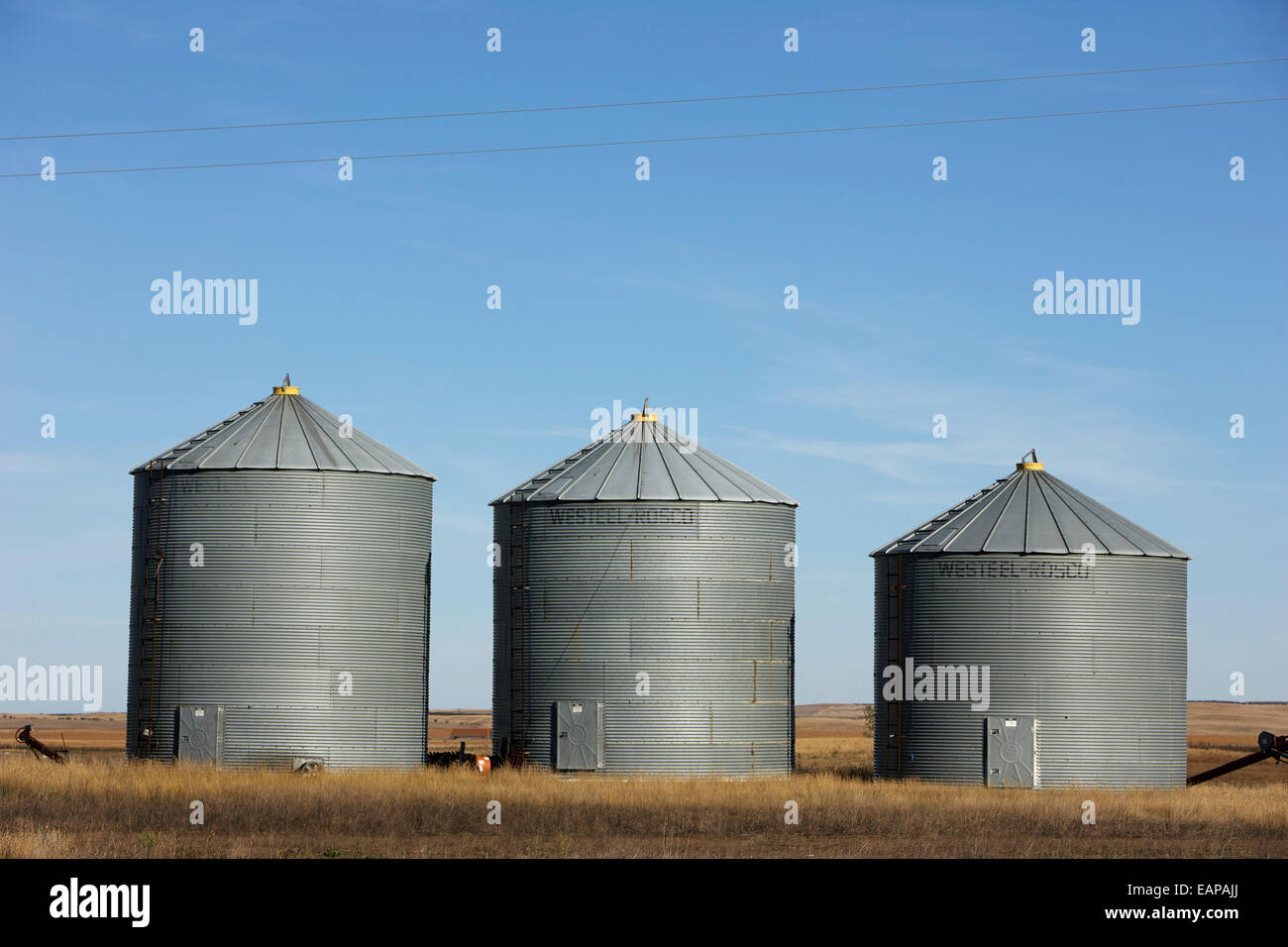 commercial grain storage bins on a farm Saskatchewan Canada Stock Photo