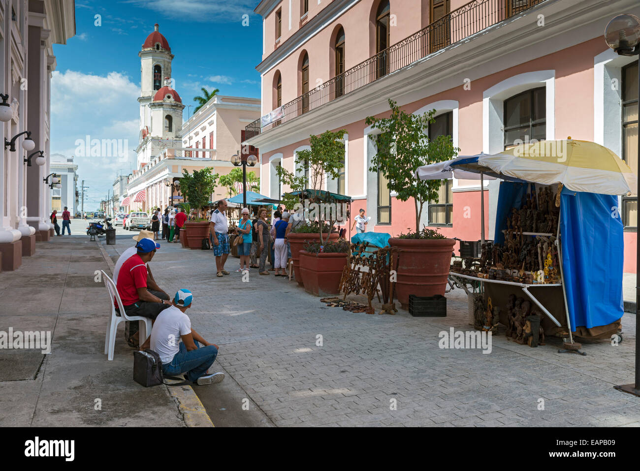 CIENFUEGOS, CUBA - MAY 7, 2014: Street market selling crafts and souvenirs on a street in Cienfuegos, Cuba Stock Photo
