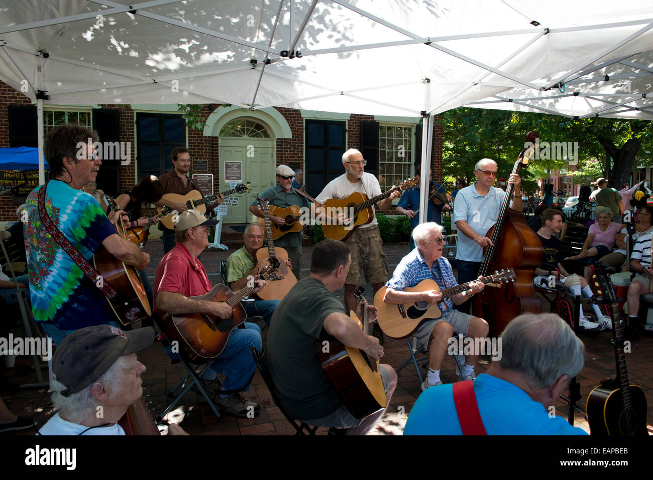 Musicians jamming in the town square. Dahlonega, Georgia. Historic gold mining town Stock Photo