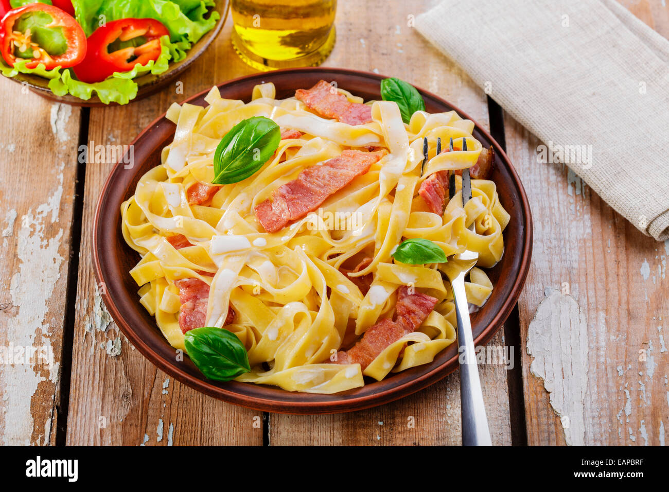 pasta carbonara with bacon and sauce Stock Photo