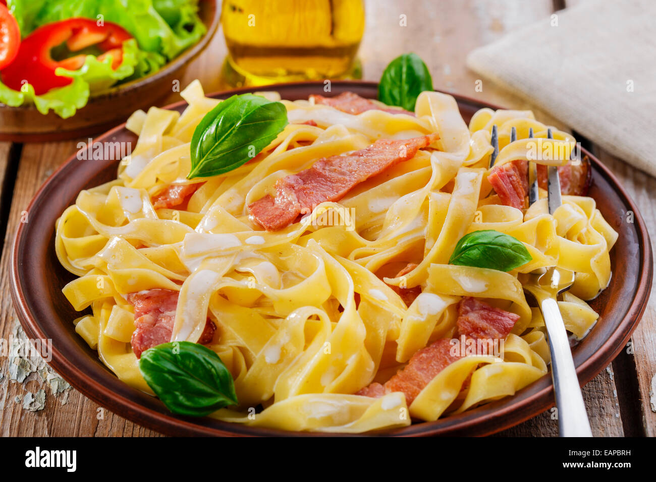 pasta carbonara with bacon and sauce Stock Photo