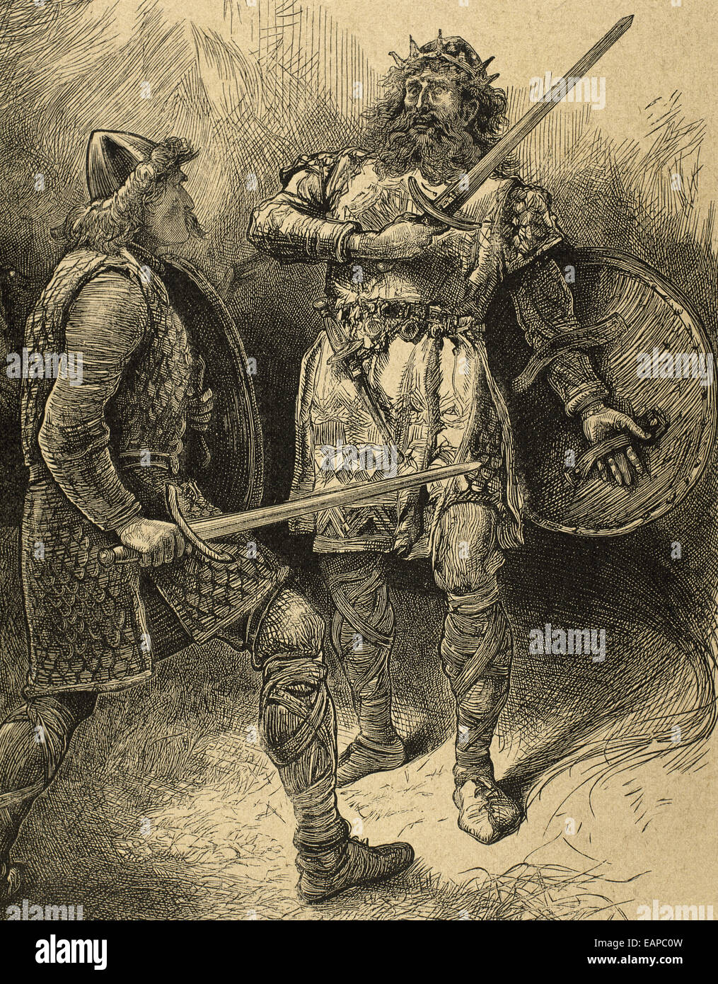 William Shakespeare (1564-1616). English poet. The Tragedy of Macbeth. Macbeth with Macduff. Engraving oby J. Quartley (1886). Stock Photo