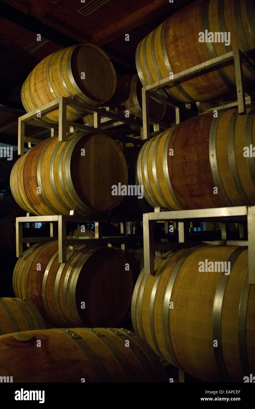 Wooden Wine Barrels Stacked In Cellar Area Of Winery Stock Photo Alamy