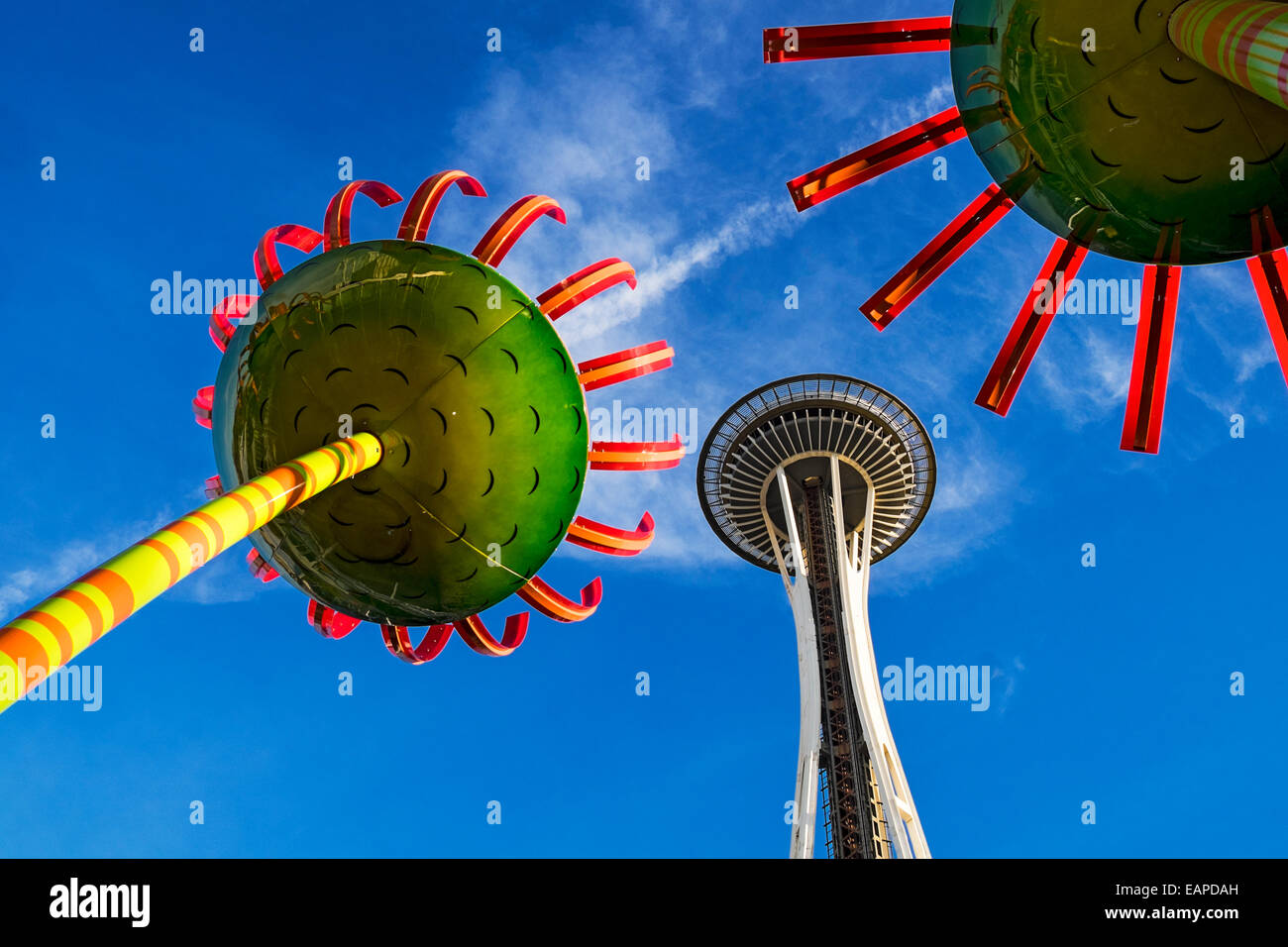 Space Needle With Sonic Bloom Sculpture Stock Photo
