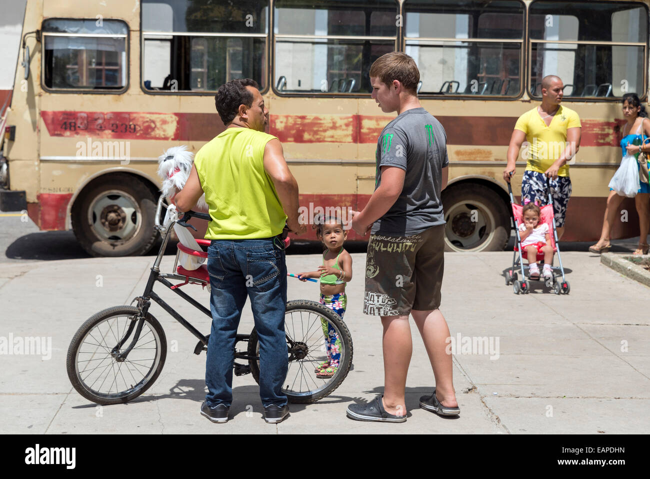 MATANZAS, CUBA - MAY 10, 2014: People on a busy downtown street in the city of Matanzas, Cuba Stock Photo
