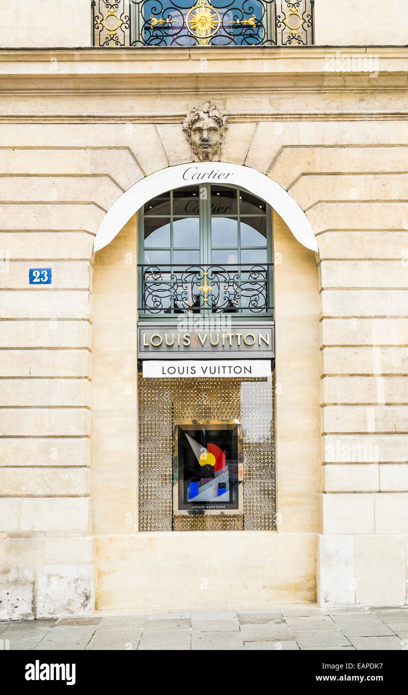 View of French luxury fashion house Louis Vuitton. Flagship store opened in  heart of Place Vendome 