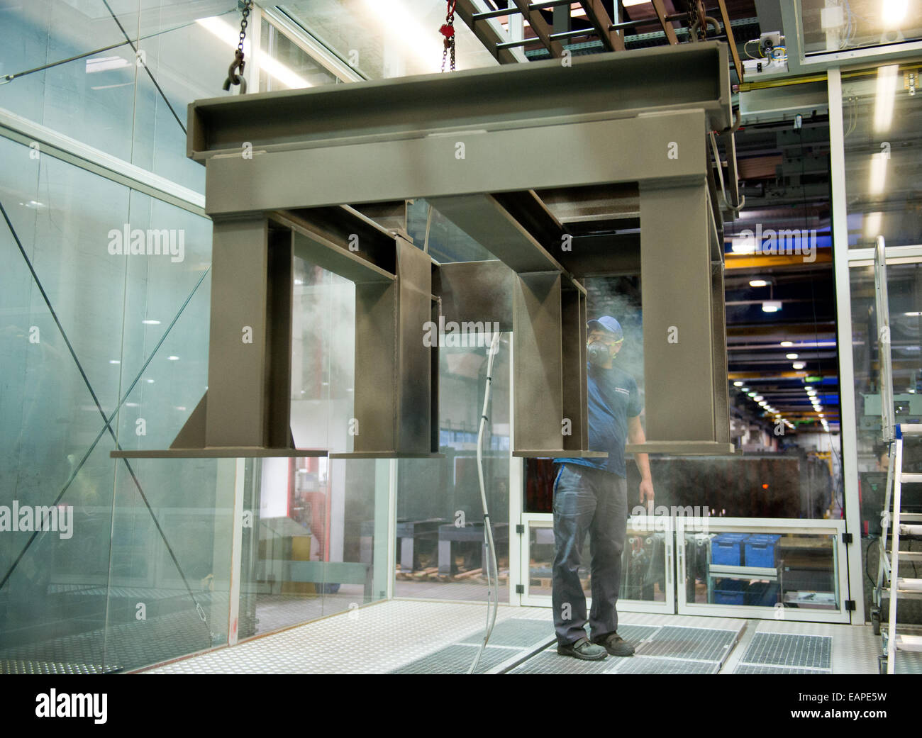 A Thyssenkrupp Elevator Factory Works On A Shaft Frame In The Powder Stock Photo Alamy
