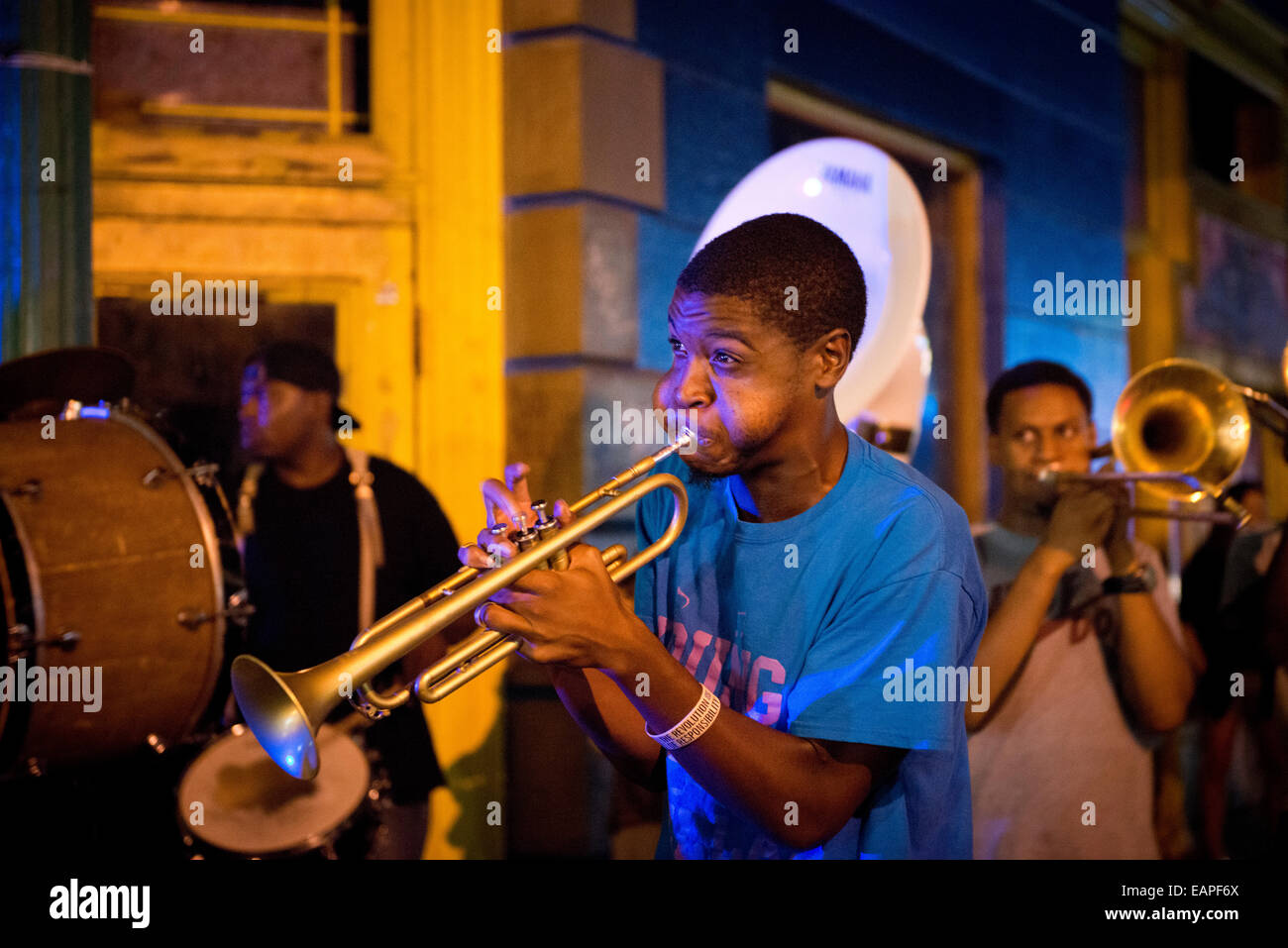 A Jazz band performing on Frenchmen Street. New Orleans, Louisiana Stock Photo