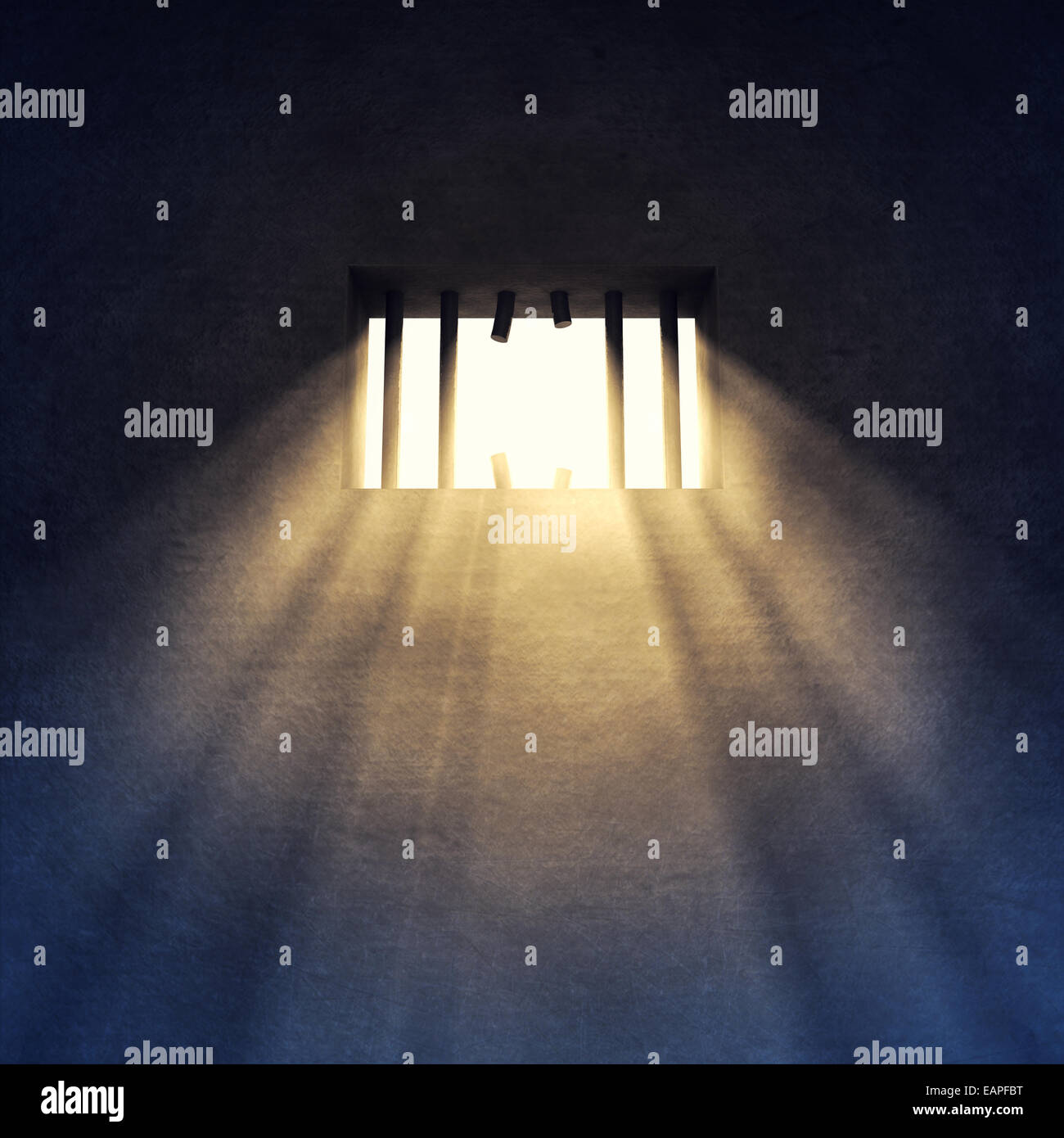 Prison cell interior , sunrays coming through a barred window , Prison escape Stock Photo