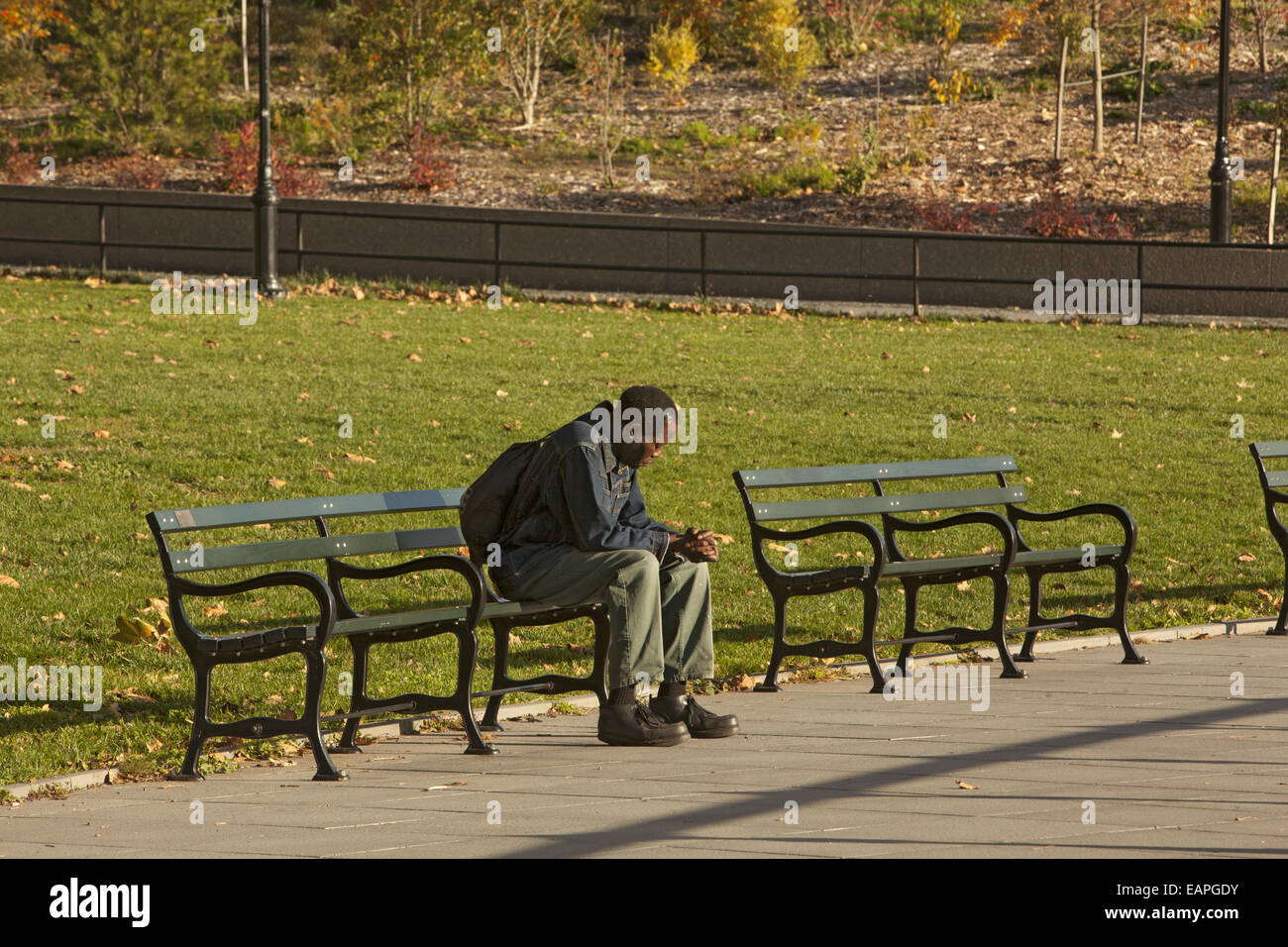 Solitary African American man deep in thought on a bench in Prospect