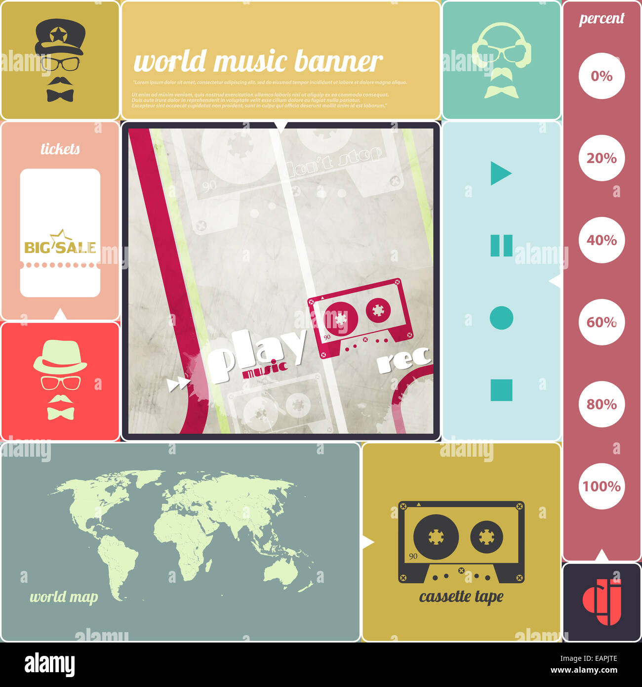 music infographics banner with cassette tape icon, world map, poster template. vector background design Stock Photo