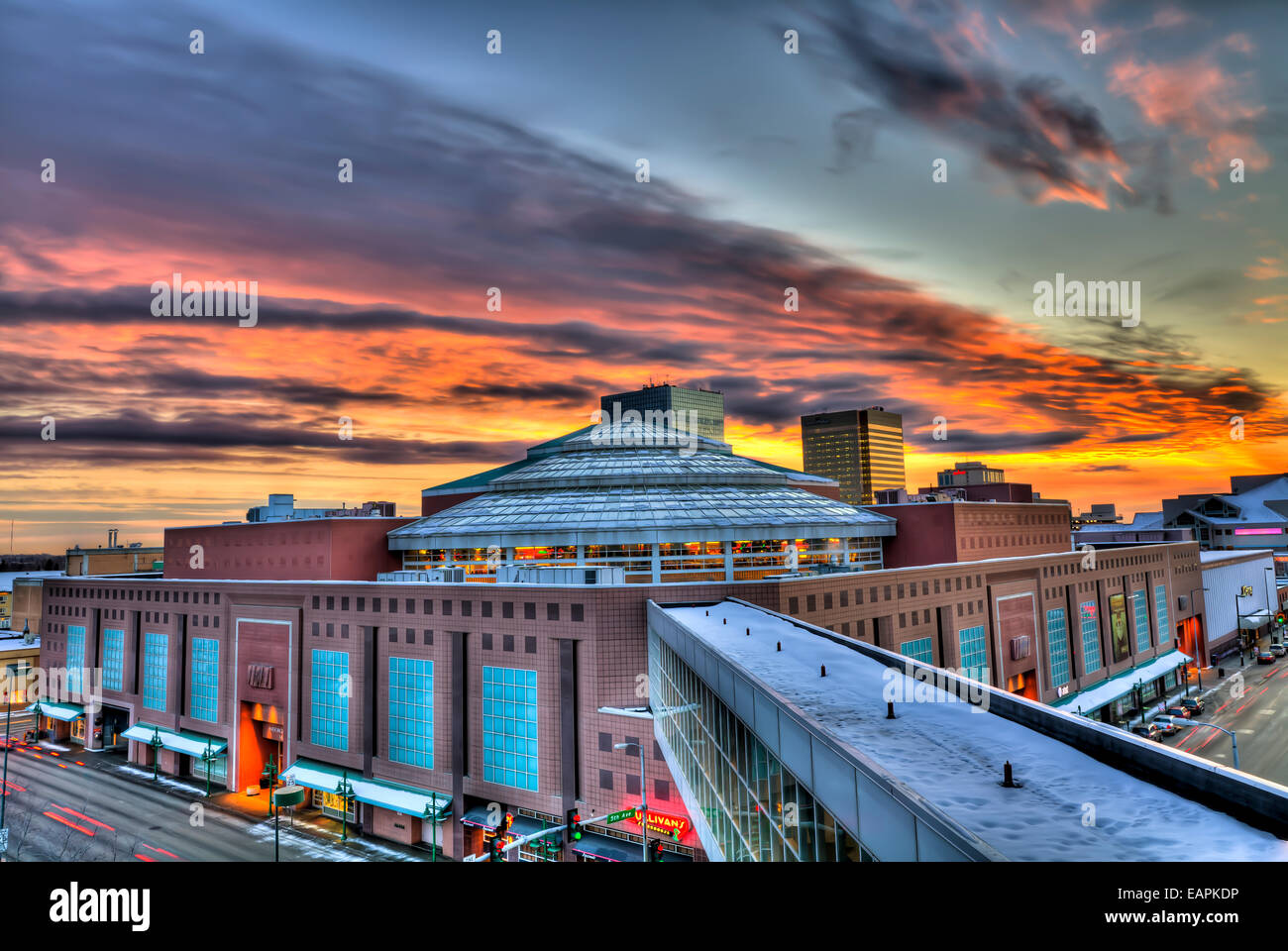 Sunset Over The Anchorage 5Th Avenue Mall And Skywalk, Southcentral Alaska,  Winter Hdr Stock Photo - Alamy