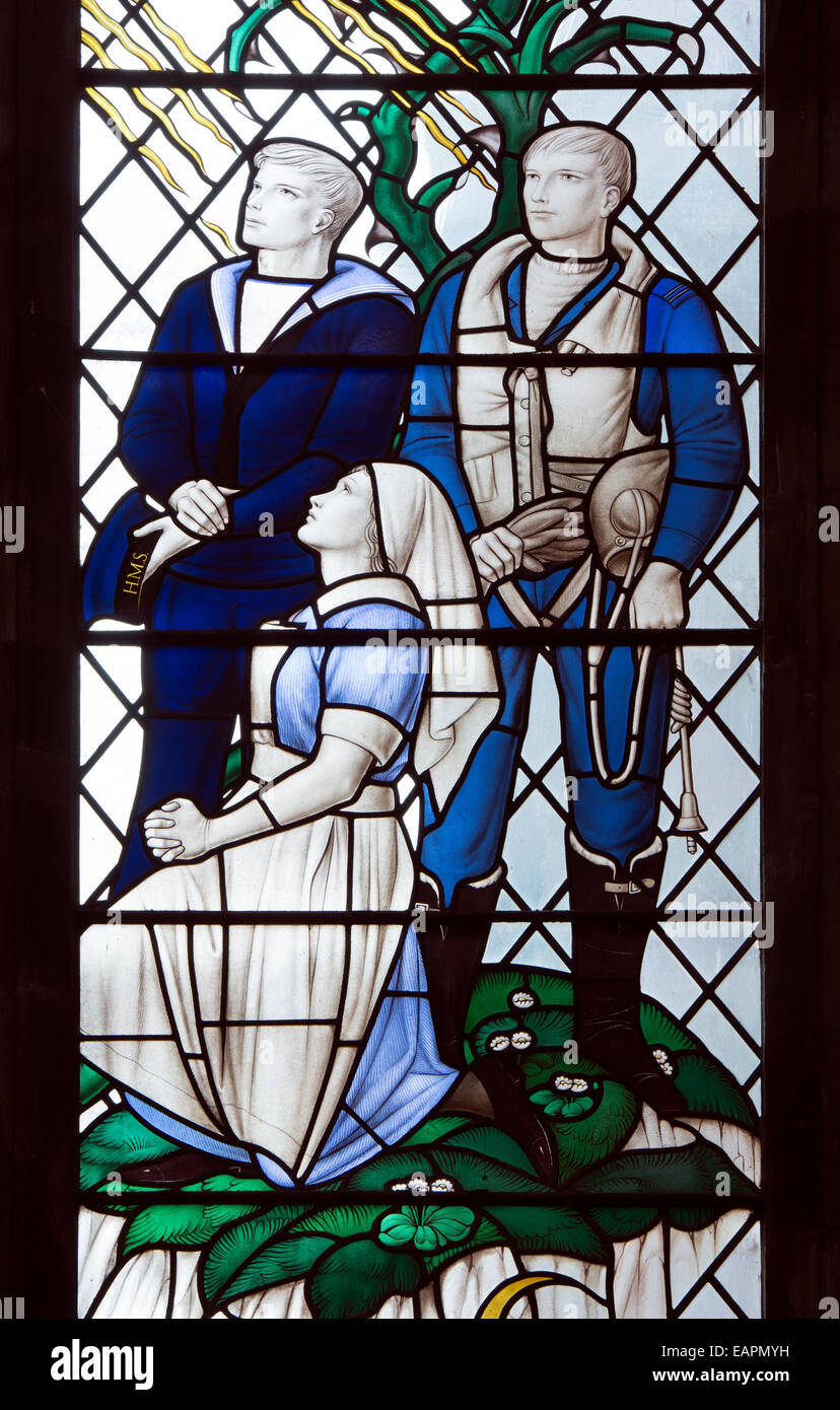 Second World War memorial window detail, Worcester Cathedral, UK Stock Photo