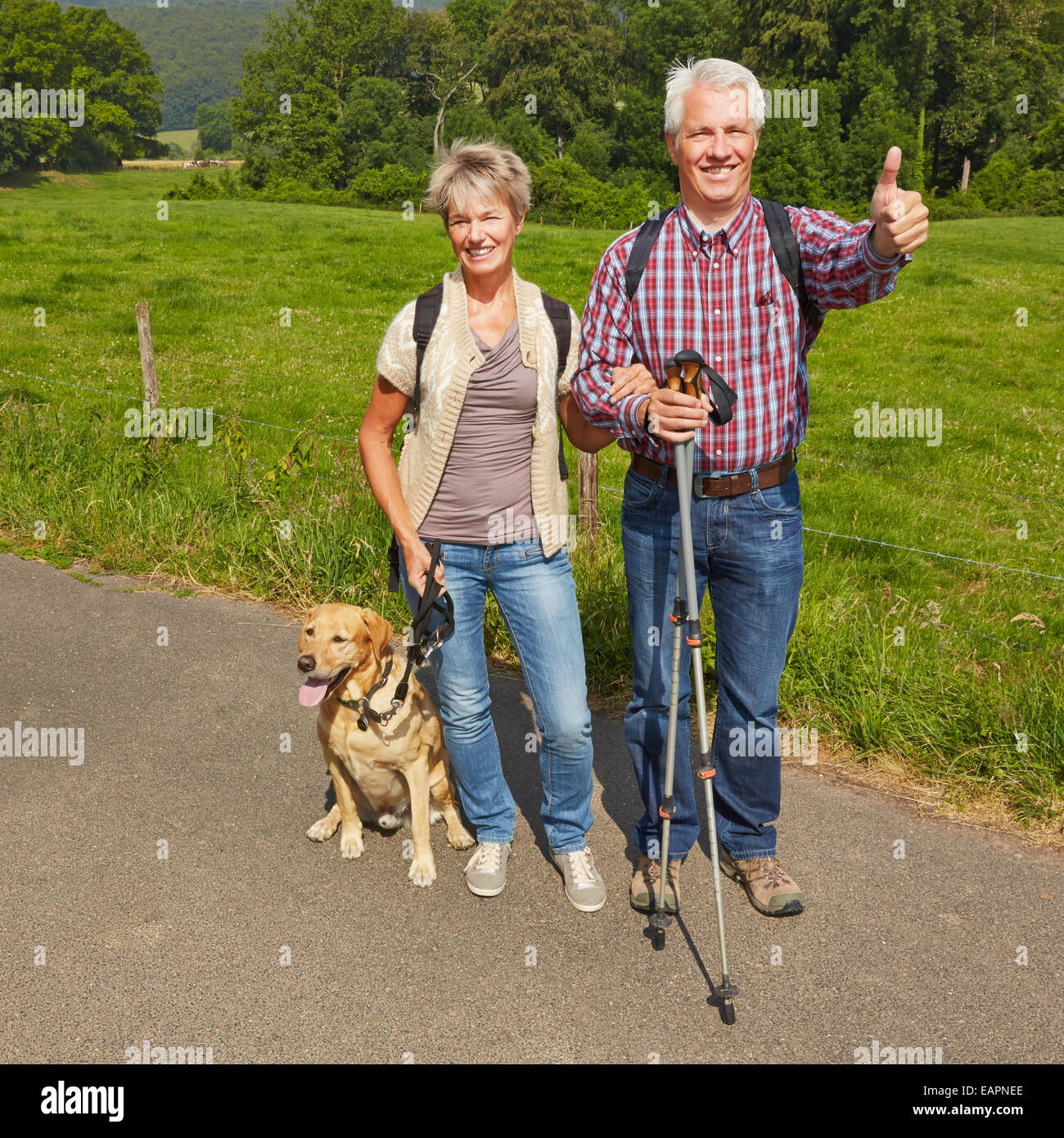 Happy senior couple with dog in nature holding thumbs up Stock Photo ...